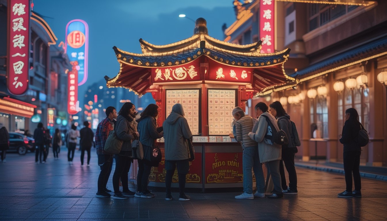 Sekelompok orang berkumpul di depan kios Toto Macau dengan latar kota Asia yang ramai dan lampu neon di senja hari.