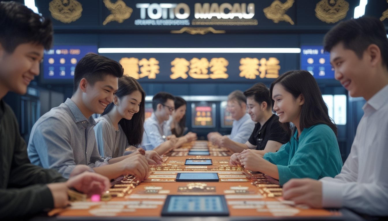 Orang-orang Asia sedang bermain permainan Toto Macau di sebuah ruangan yang terang dan ramai.