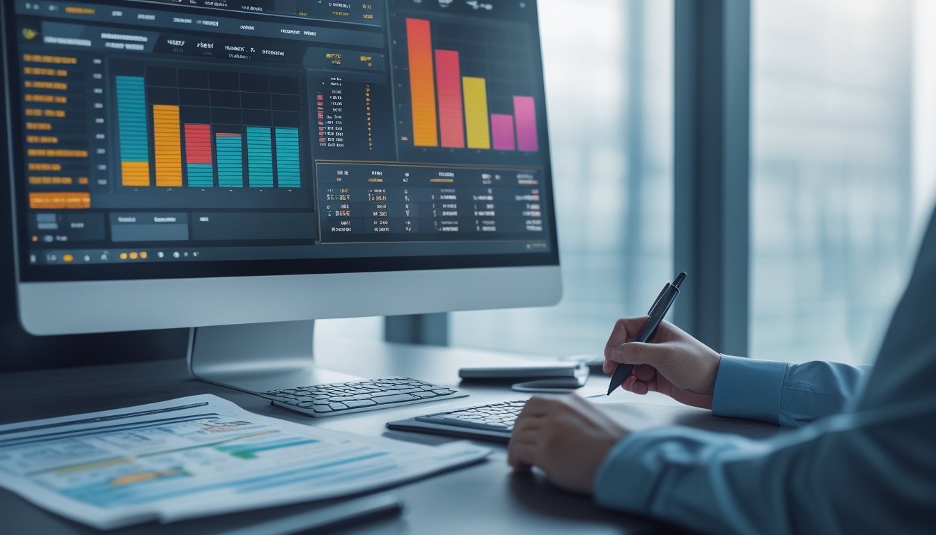 Sebuah meja kerja dengan komputer yang menampilkan data statistik angka, tangan seseorang sedang menunjuk layar dan alat tulis di meja.