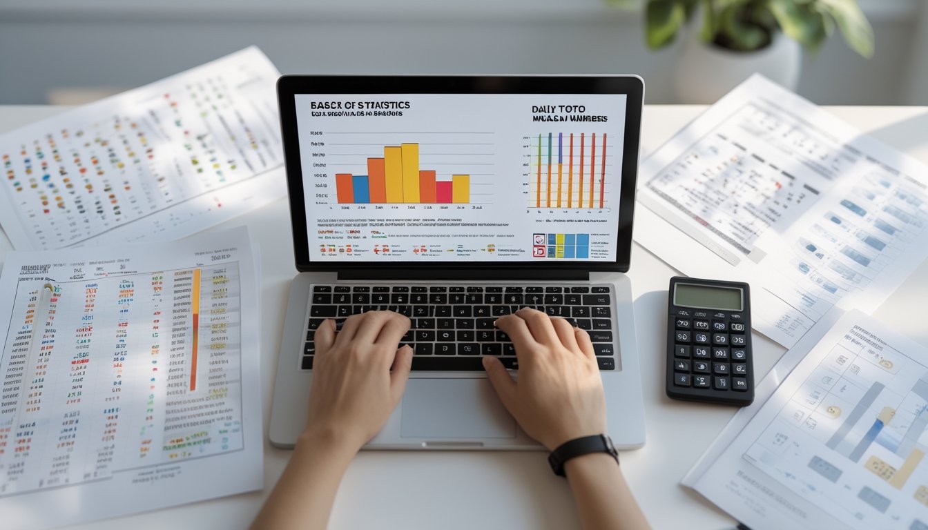 Meja kerja dengan laptop yang menampilkan grafik statistik dan alat tulis di sekitarnya.