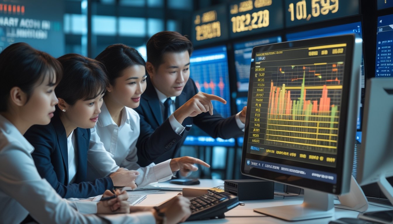 Orang-orang di kantor modern sedang melihat layar komputer dengan data hasil togel Macau secara langsung dan akurat.