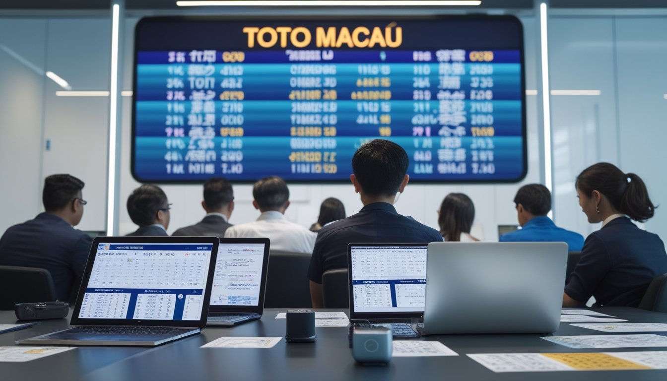 Orang-orang menonton hasil undian Toto Macau secara langsung di layar digital dalam ruangan modern.