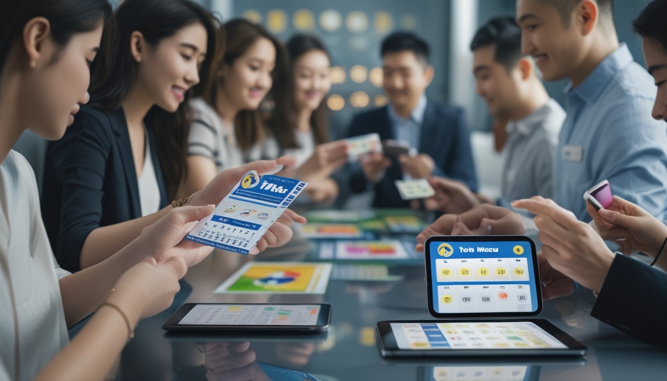 Beberapa orang sedang memegang tiket Toto Macau dan tiket lotere lain sambil menggunakan perangkat digital dalam suasana yang terang dan modern.