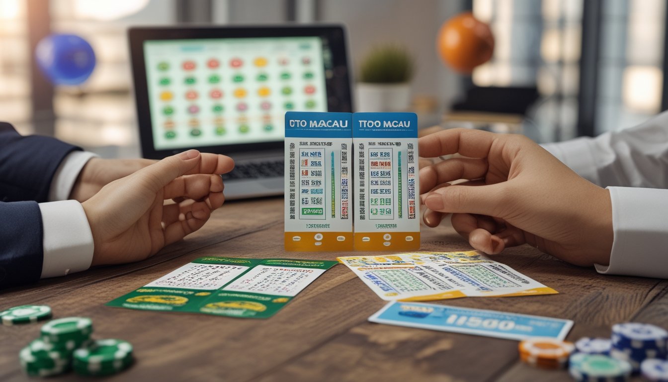 Tangan memegang tiket Toto Macau dan tiket lotere tradisional di atas meja kayu dengan bola lotere dan chip permainan di latar belakang.