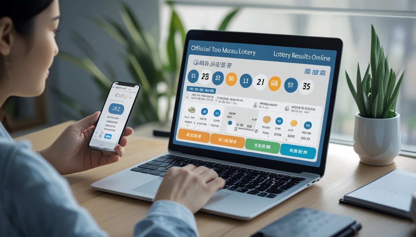 Seseorang sedang memeriksa hasil resmi Toto Macau secara online menggunakan laptop dan ponsel di meja kerja dengan suasana terang dan rapi.