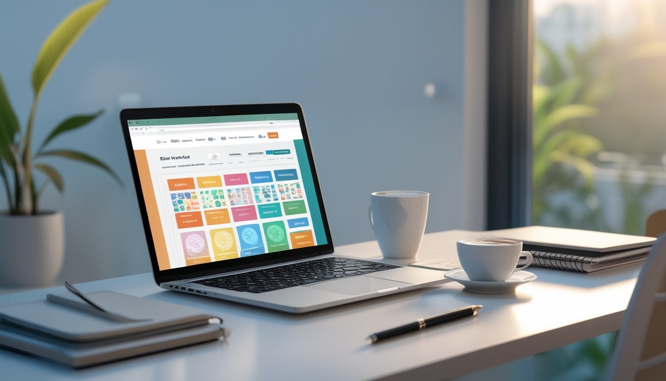 Meja kerja dengan laptop yang menampilkan situs lotere online, buku catatan, pena, dan secangkir kopi di dekat jendela dengan cahaya alami.