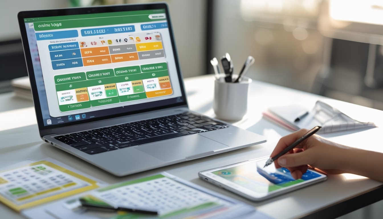 Meja kerja dengan laptop menampilkan antarmuka togel online, catatan, dan ponsel di sekitarnya.