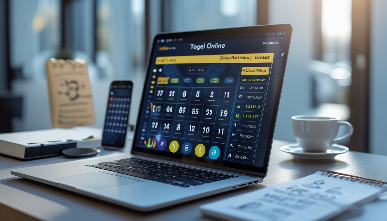 Seorang pria menggunakan laptop dengan tampilan antarmuka togel online, di meja kerja terdapat smartphone, kopi, dan catatan angka.