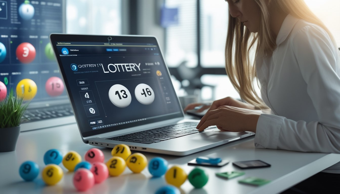 Seseorang menggunakan laptop di meja dengan bola lotre berwarna-warni di sekitarnya, menggambarkan permainan togel online.