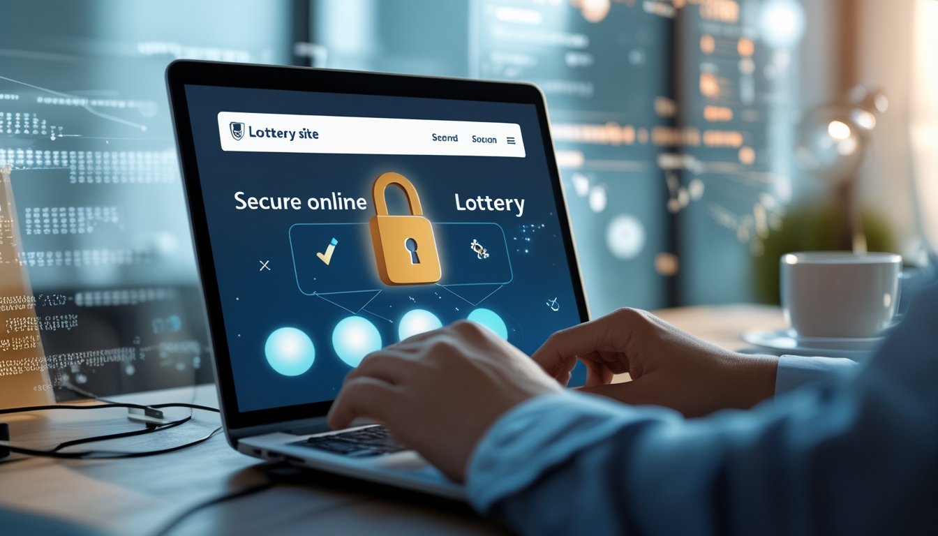 Seseorang menggunakan laptop di meja kerja dengan ikon keamanan terlihat di layar, menunjukkan konsep situs togel online yang aman dan terpercaya.