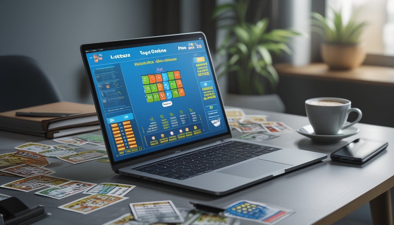 Seorang pengguna duduk di depan laptop dengan layar menampilkan antarmuka permainan togel online, dikelilingi oleh tiket togel dan ponsel dengan aplikasi taruhan.