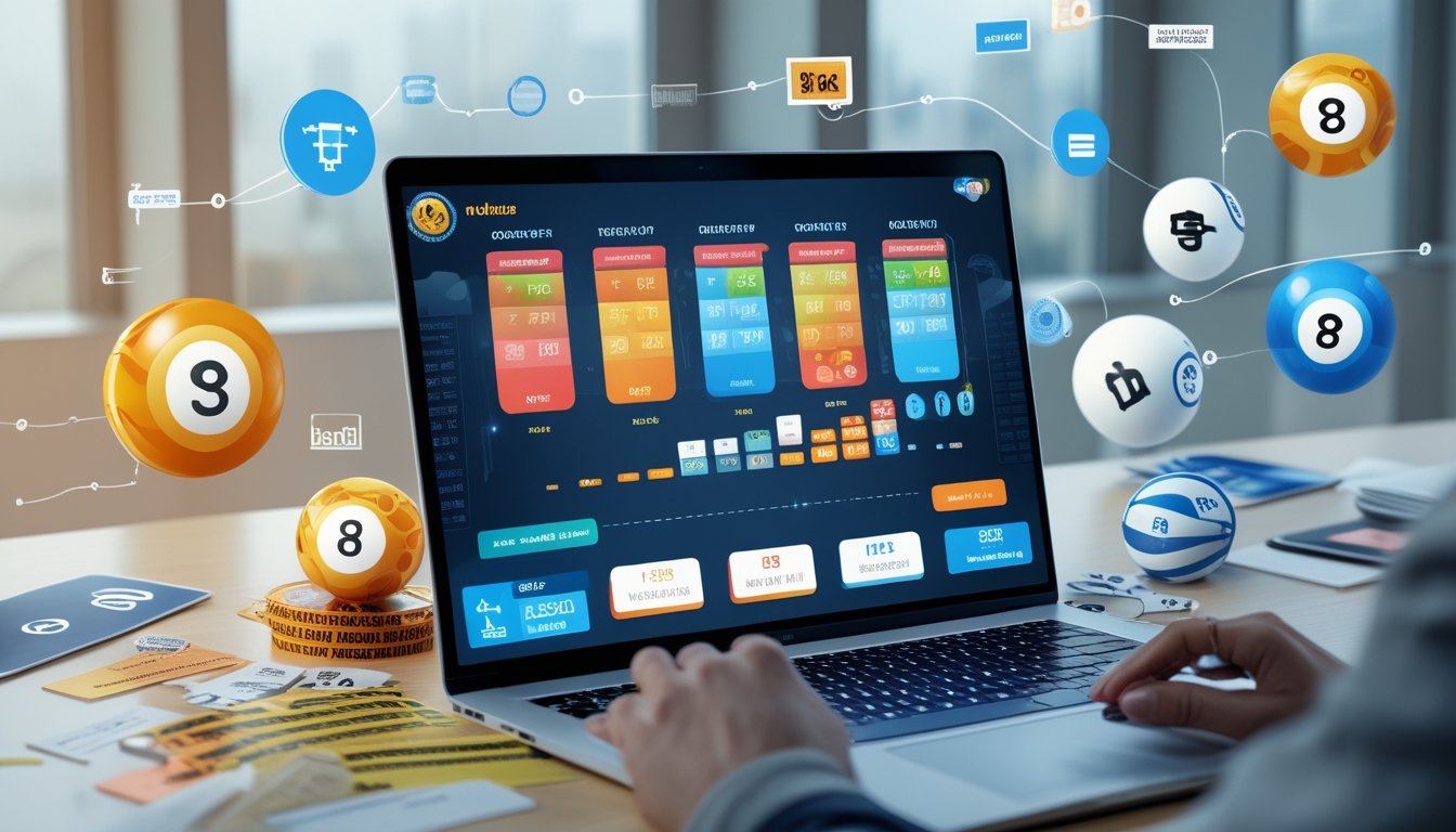 Seorang pengguna sedang menggunakan laptop dengan tampilan permainan togel online dan berbagai elemen terkait permainan togel di sekitarnya.