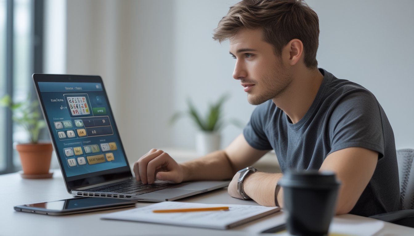 Seorang pria muda duduk di meja dengan laptop dan catatan, fokus belajar bermain togel online.