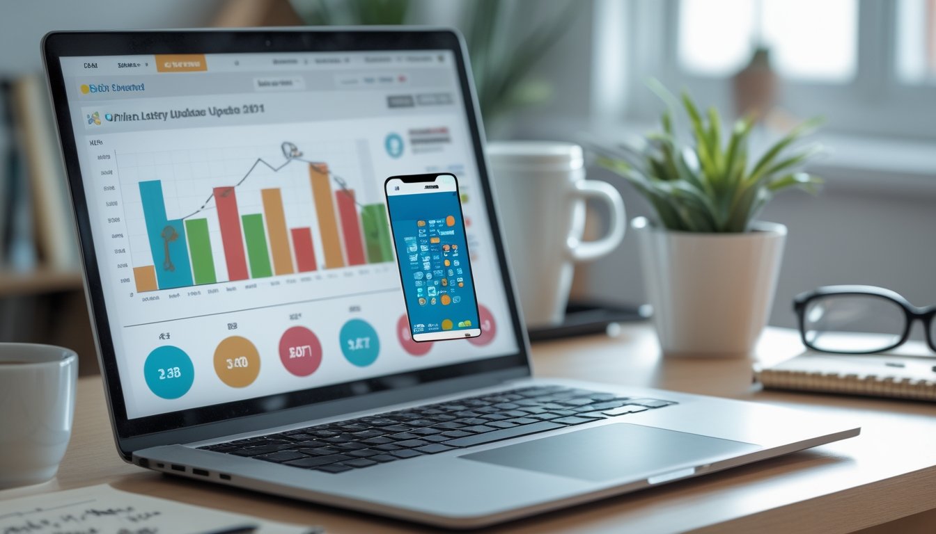 Sebuah meja kerja modern dengan laptop, ponsel, dan catatan yang menunjukkan aktivitas pembaruan informasi togel online.