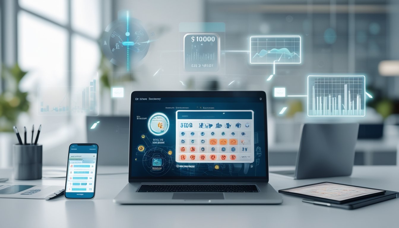 Seorang profesional bekerja dengan laptop dan perangkat digital yang menampilkan data dan grafik terkait platform togel online di sebuah ruang kantor modern.