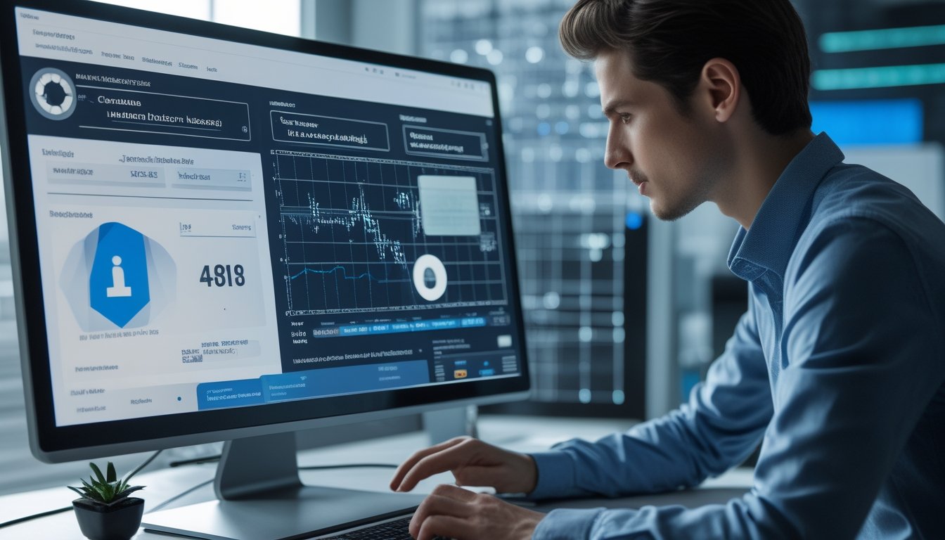 Seorang pria sedang menggunakan komputer dengan tampilan data dan grafik terkait sistem pengundian togel online di sebuah kantor modern.