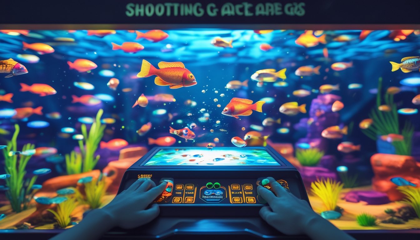 Suasana permainan arcade tembak ikan dengan ikan berwarna-warni di layar dan tangan pemain mengoperasikan konsol permainan.