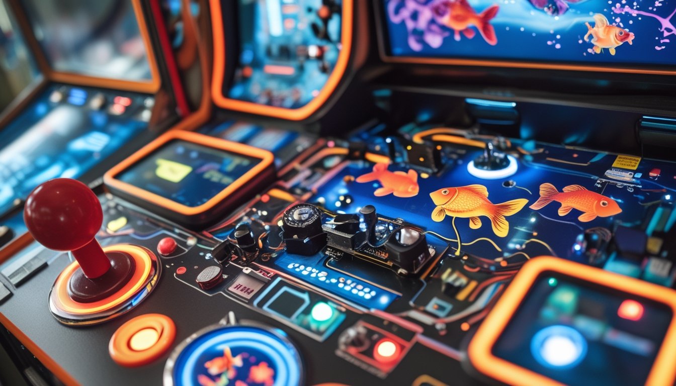 Bagian dalam mesin game tembak ikan arcade dengan komponen elektronik dan lampu warna-warni, joystick, dan layar digital yang menampilkan ikan animasi.