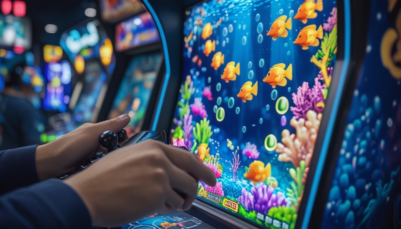 Seseorang sedang bermain game tembak ikan di mesin arcade dengan layar penuh warna dan ikan animasi.