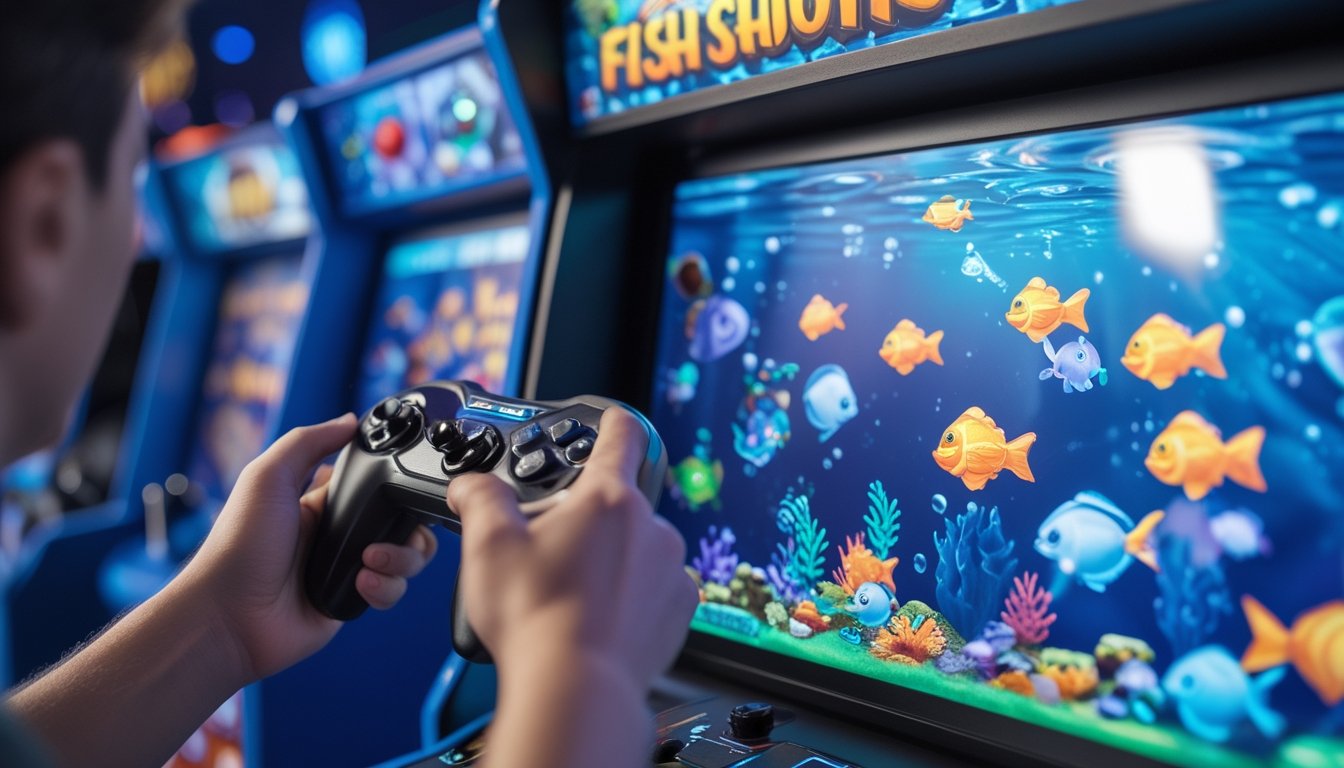 Seseorang sedang bermain permainan tembak ikan di mesin arcade dengan layar penuh gambar ikan berwarna-warni.