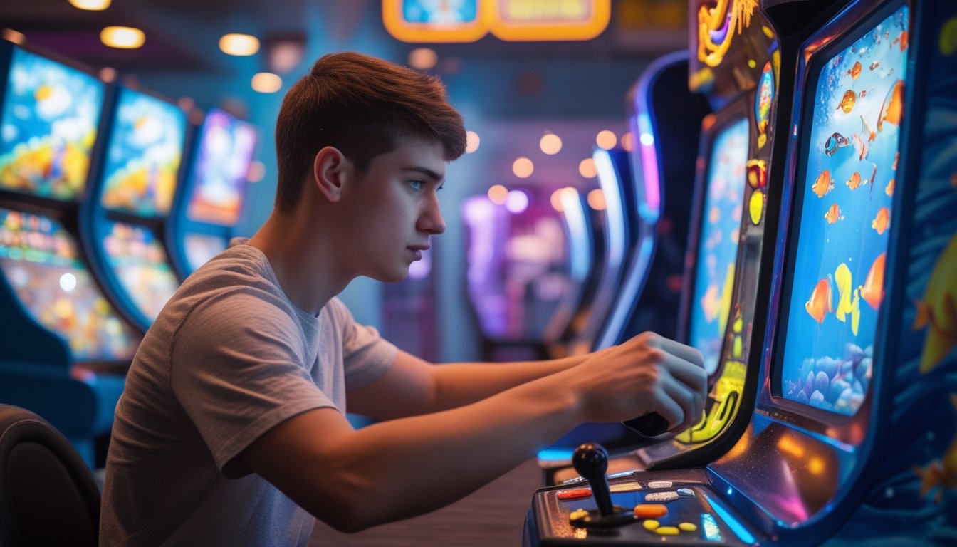 Seseorang sedang bermain game tembak ikan di mesin arcade dengan latar belakang pusat permainan yang berwarna-warni.