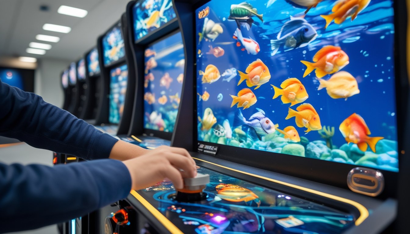 Seorang pemain sedang menggunakan kontrol mesin arcade untuk menembak ikan di layar permainan ikan tembak.