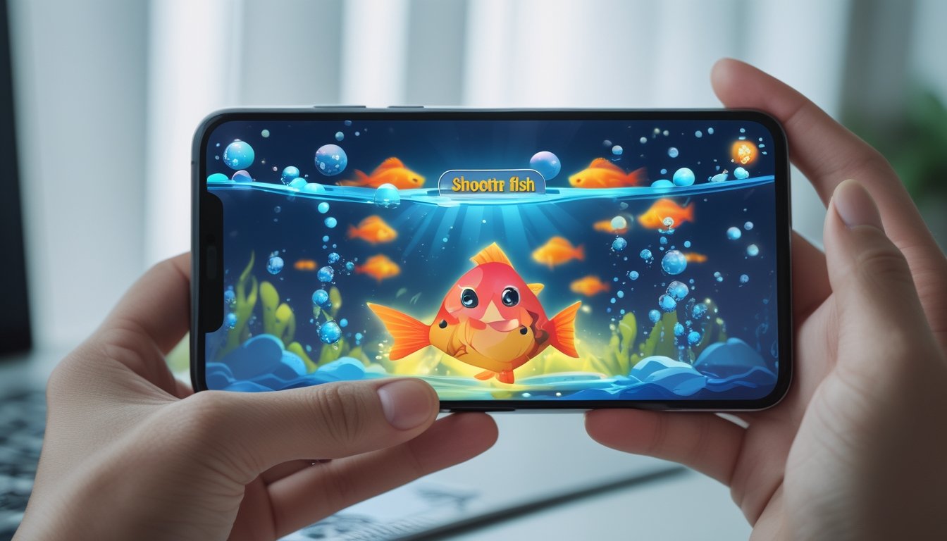 Seseorang memegang ponsel yang menampilkan permainan menembak ikan di layar.