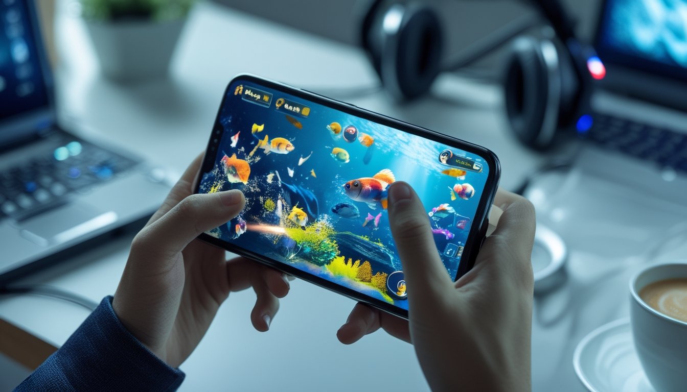 Seseorang memegang ponsel dengan tampilan permainan tembak ikan berwarna-warni di layar, di atas meja dengan laptop dan headset di latar belakang.