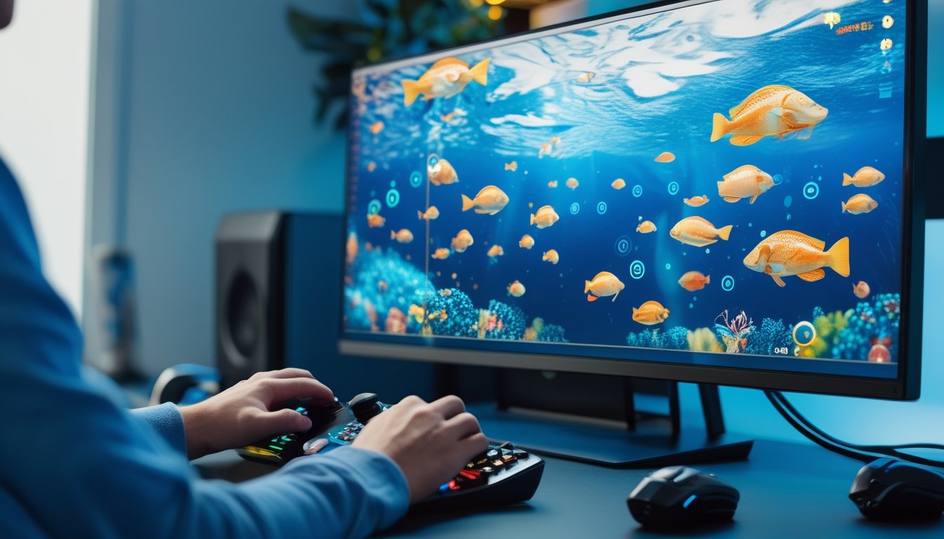 Seorang pemain sedang bermain game tembak ikan di depan komputer dengan layar menampilkan ikan warna-warni di bawah laut.