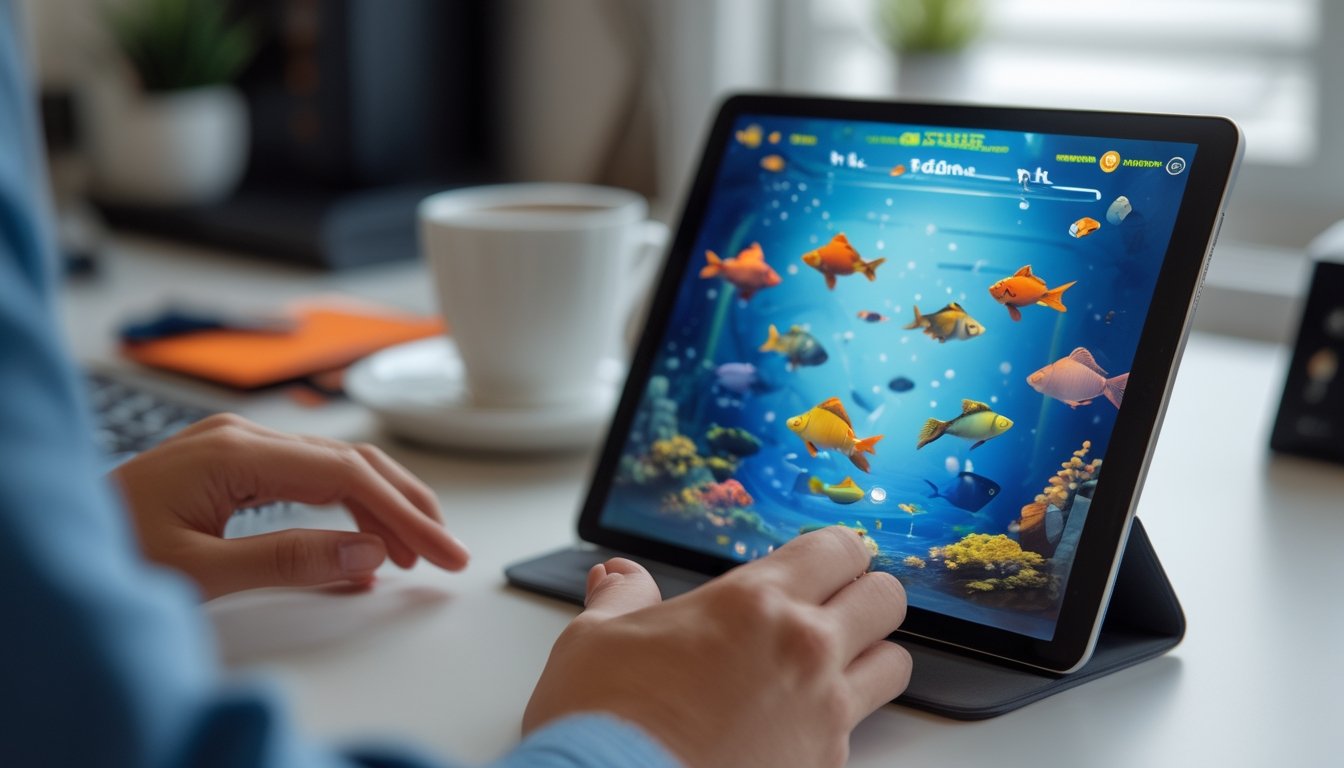Seseorang sedang bermain game tembak ikan di tablet dengan latar ruangan yang nyaman dan pencahayaan hangat.