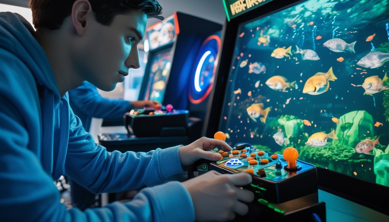 Tangan seseorang sedang mengoperasikan kontroler arcade dengan layar permainan ikan di latar belakang.