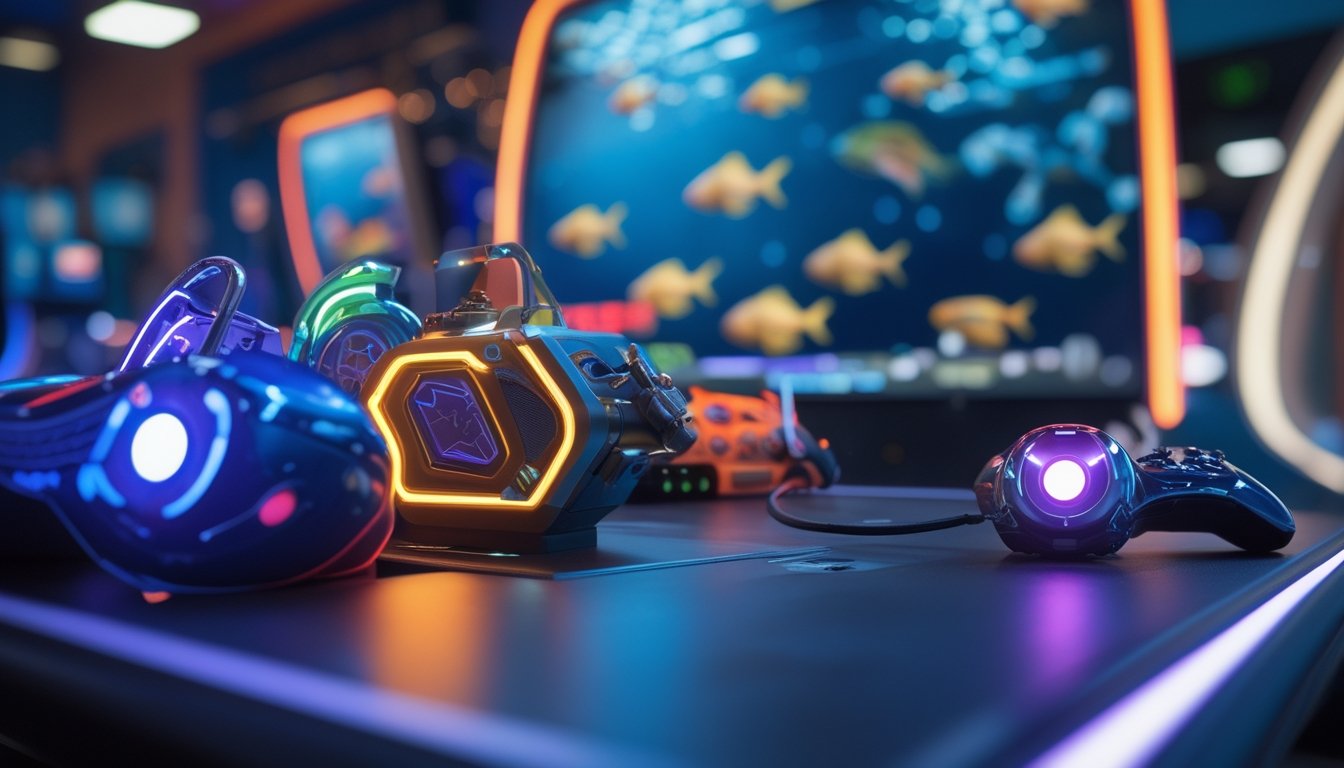 Berbagai jenis senjata warna-warni untuk game tembak ikan arcade disusun rapi di atas meja permainan dengan latar belakang layar permainan ikan yang kabur.