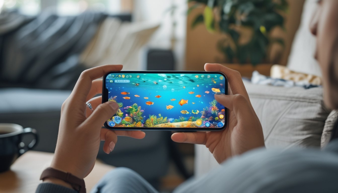 Seseorang sedang bermain game tembak ikan offline di ponsel dalam suasana santai di ruang tamu.