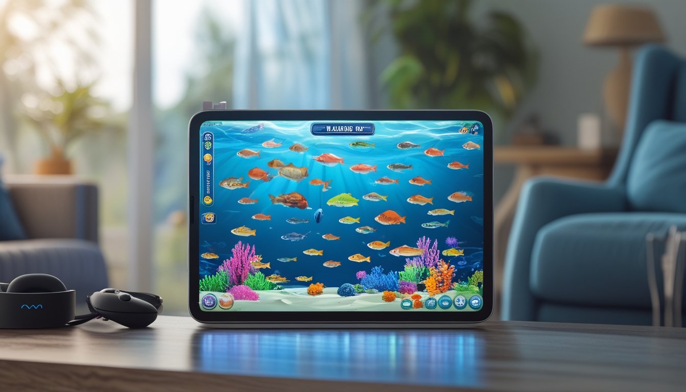 Seseorang sedang bermain game tembak ikan offline di tablet di ruang tamu yang nyaman.