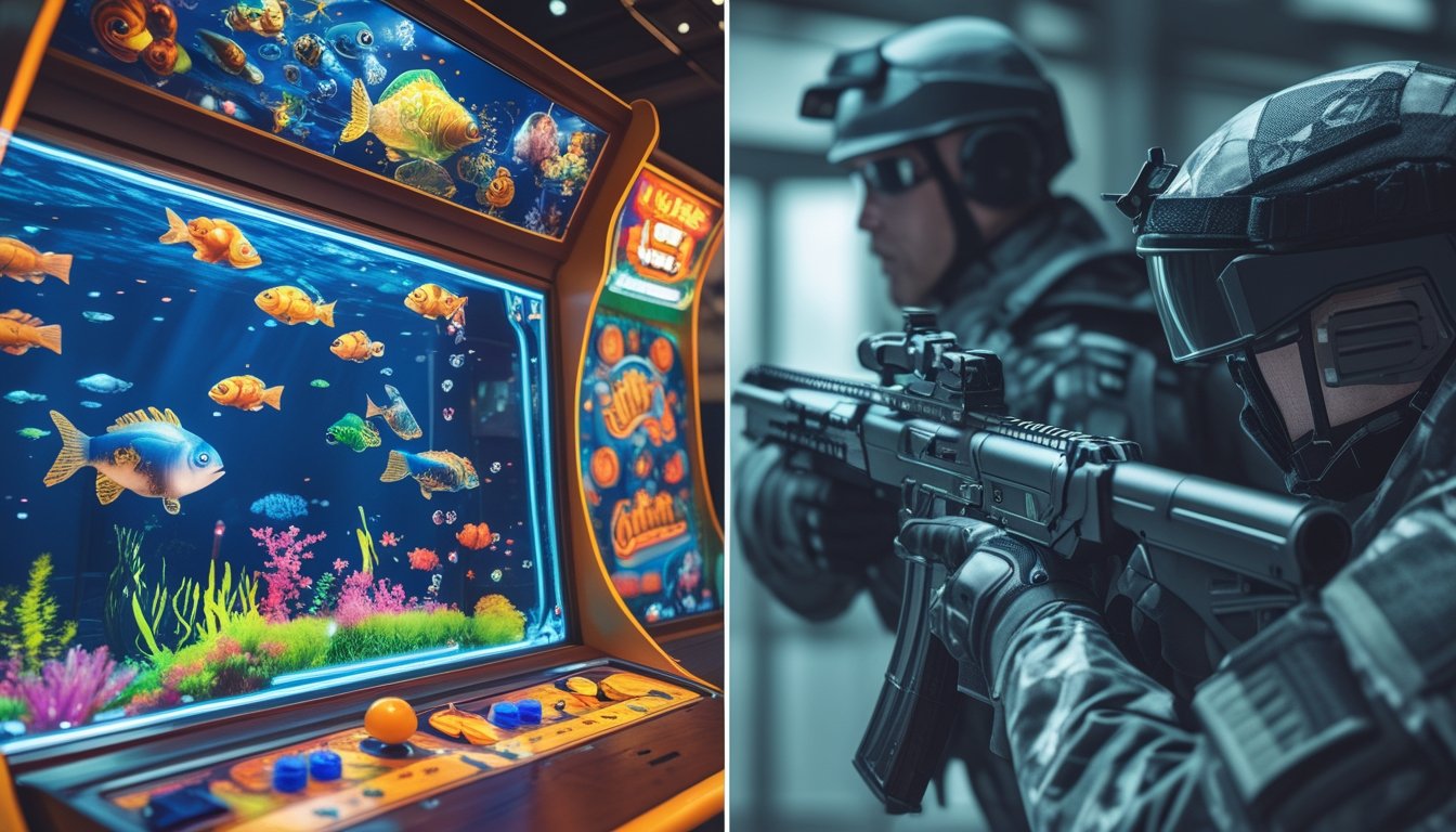 Gambar yang menunjukkan perbedaan antara permainan tembak ikan arcade yang berwarna cerah dan permainan tembak lainnya dengan suasana tempur.