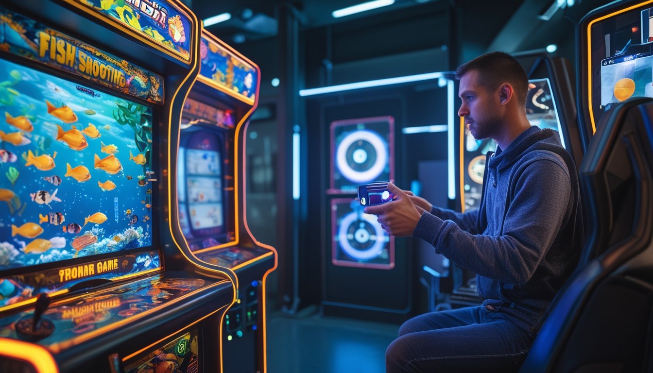 Seorang pemain sedang bermain game tembak ikan arcade di sebelah kiri dan game tembak target digital di sebelah kanan dalam sebuah ruangan permainan.