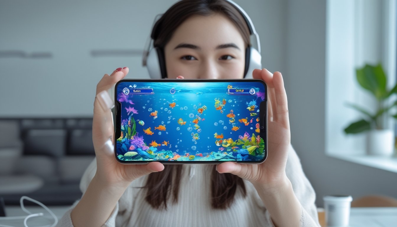 Seseorang sedang bermain game tembak ikan di ponsel dengan latar ruangan yang terang dan sederhana.
