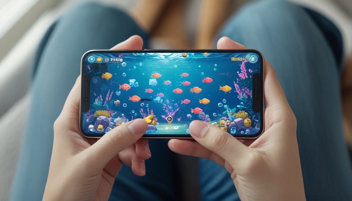 Seseorang memegang ponsel yang menampilkan permainan tembak ikan dengan grafis ikan berwarna-warni di layar.