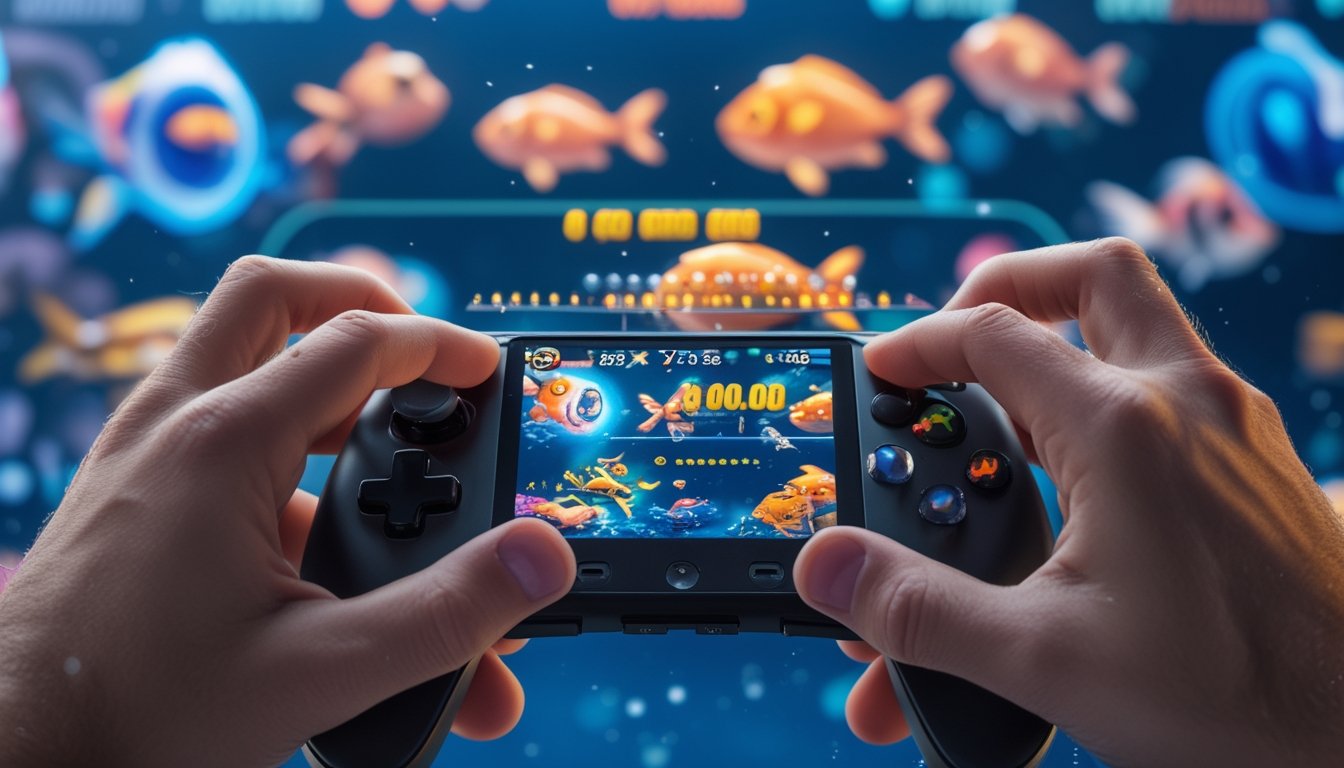 Seorang pemain sedang fokus bermain game tembak ikan dengan layar penuh warna dan berbagai ikan animasi terlihat di layar.