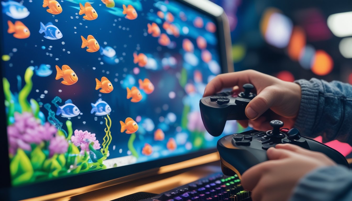Tangan pemain memegang pengontrol game dengan layar menampilkan ikan-ikan warna-warni dalam permainan tembak ikan.