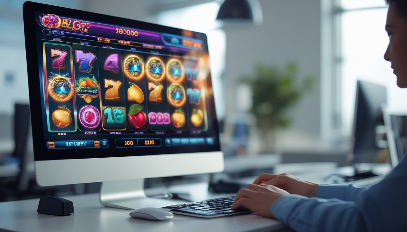 Seorang pengguna sedang bermain game slot digital di komputer dengan layar menampilkan gulungan slot berwarna-warni di meja kerja yang rapi.