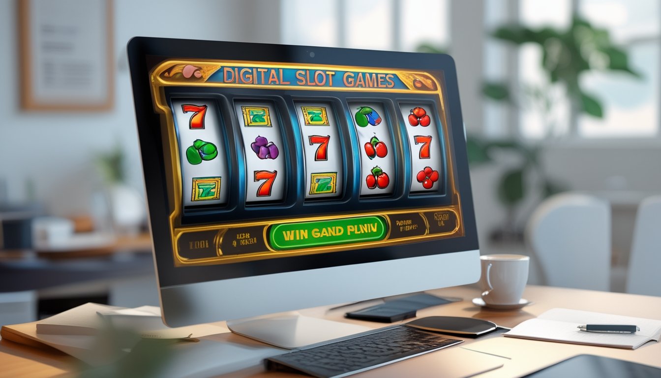 Layar komputer menampilkan permainan slot digital dengan simbol klasik, di meja kerja dengan buku catatan dan pena.