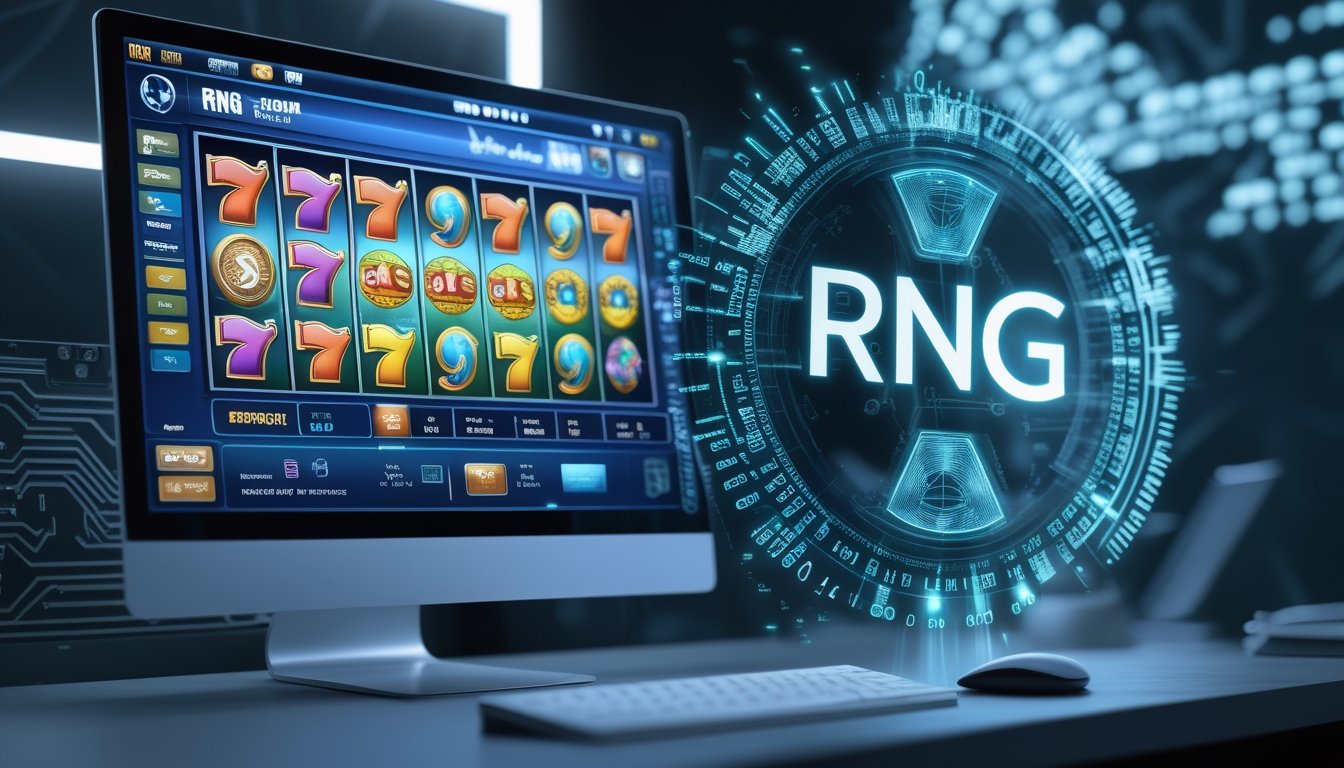Sebuah komputer menampilkan permainan slot online dengan hologram algoritma RNG di sampingnya di meja kerja modern.