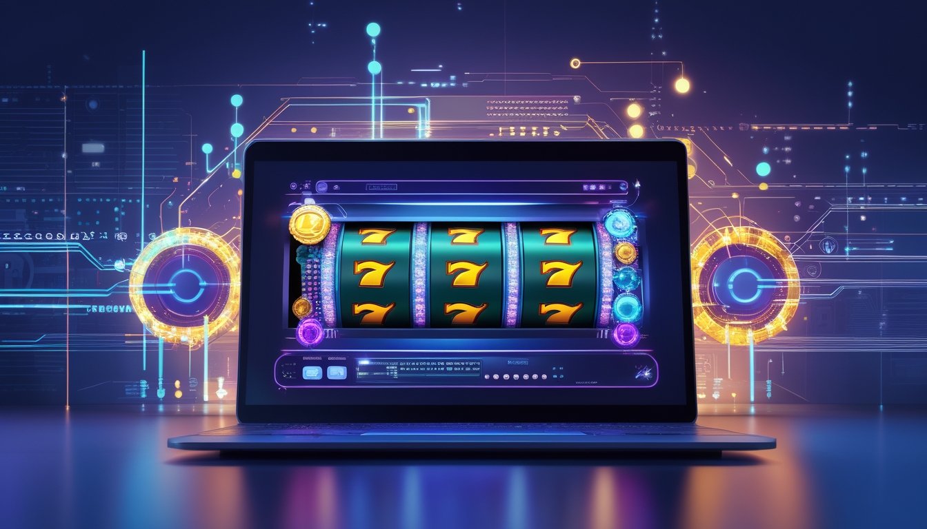 Layar perangkat digital menampilkan gulungan mesin slot yang berputar dengan latar belakang grafik aliran data dan pola sirkuit.