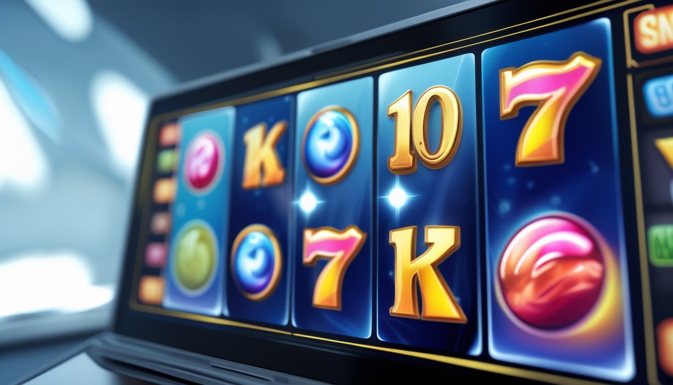 Tampilan layar game slot modern dengan gulungan berwarna-warni dan ikon fitur permainan yang menyala.