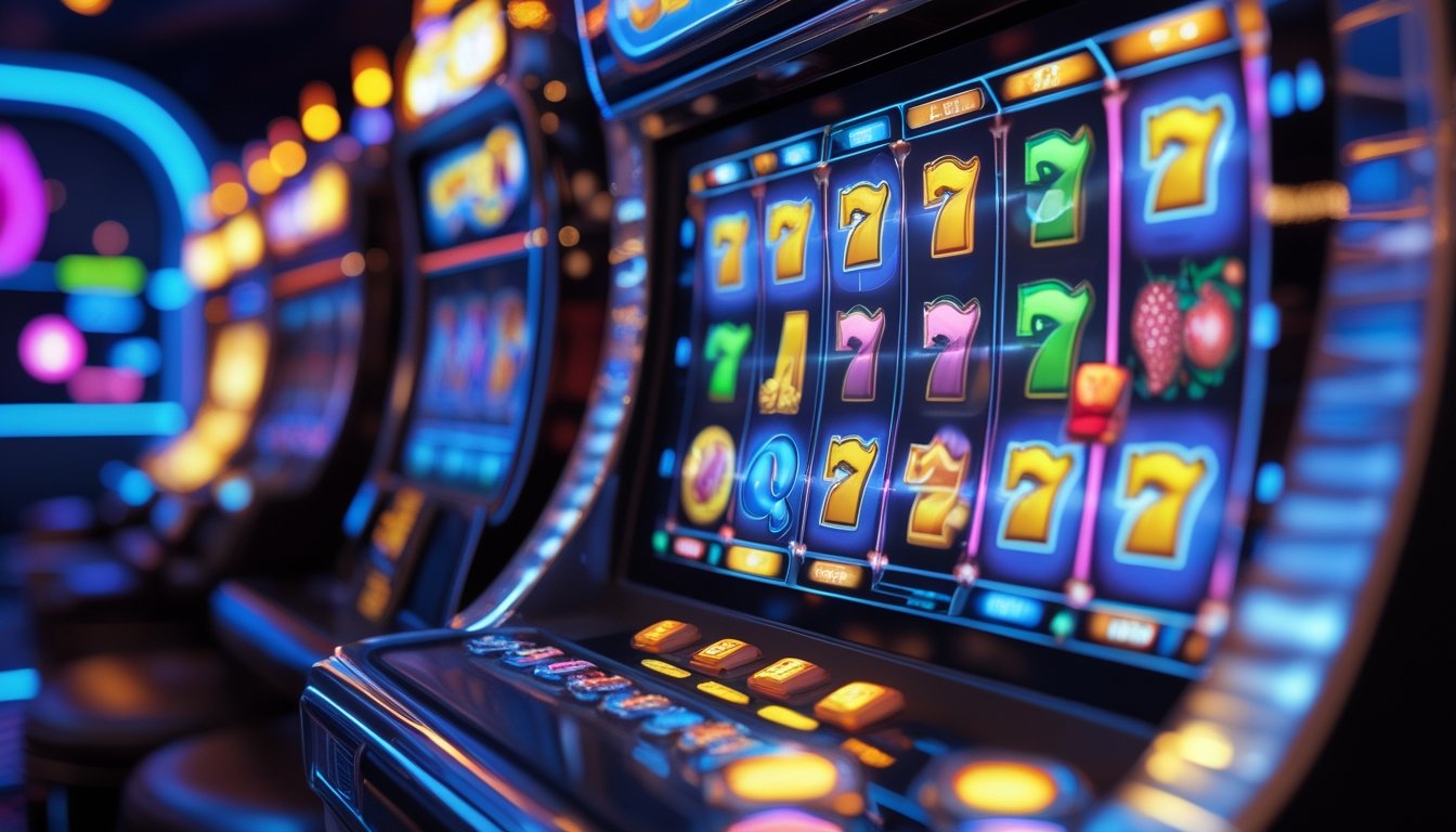 Mesin slot modern dengan gulungan berwarna-warni yang berputar di dalam suasana kasino yang terang dan mengundang.