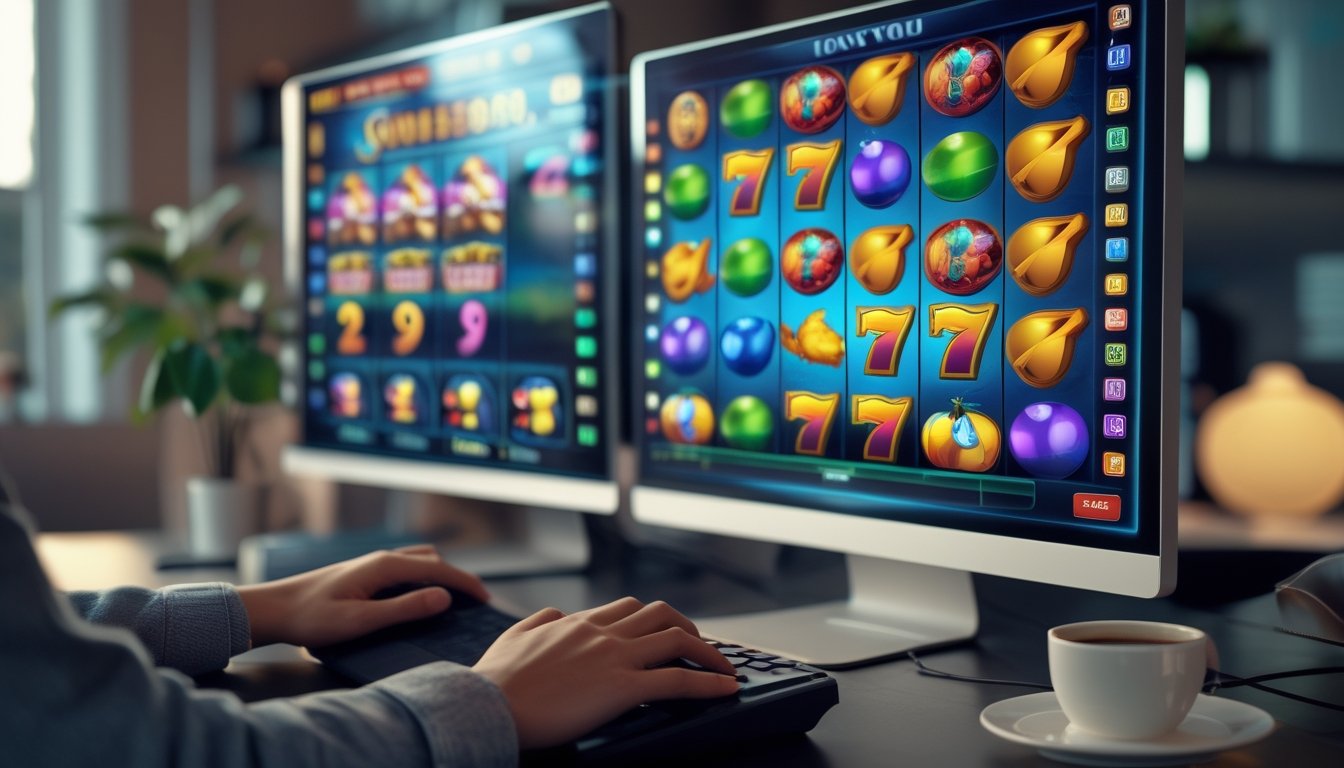 Sebuah ruangan dengan komputer yang menampilkan permainan slot berwarna-warni, tangan seseorang sedang menggunakan perangkat untuk bermain game.