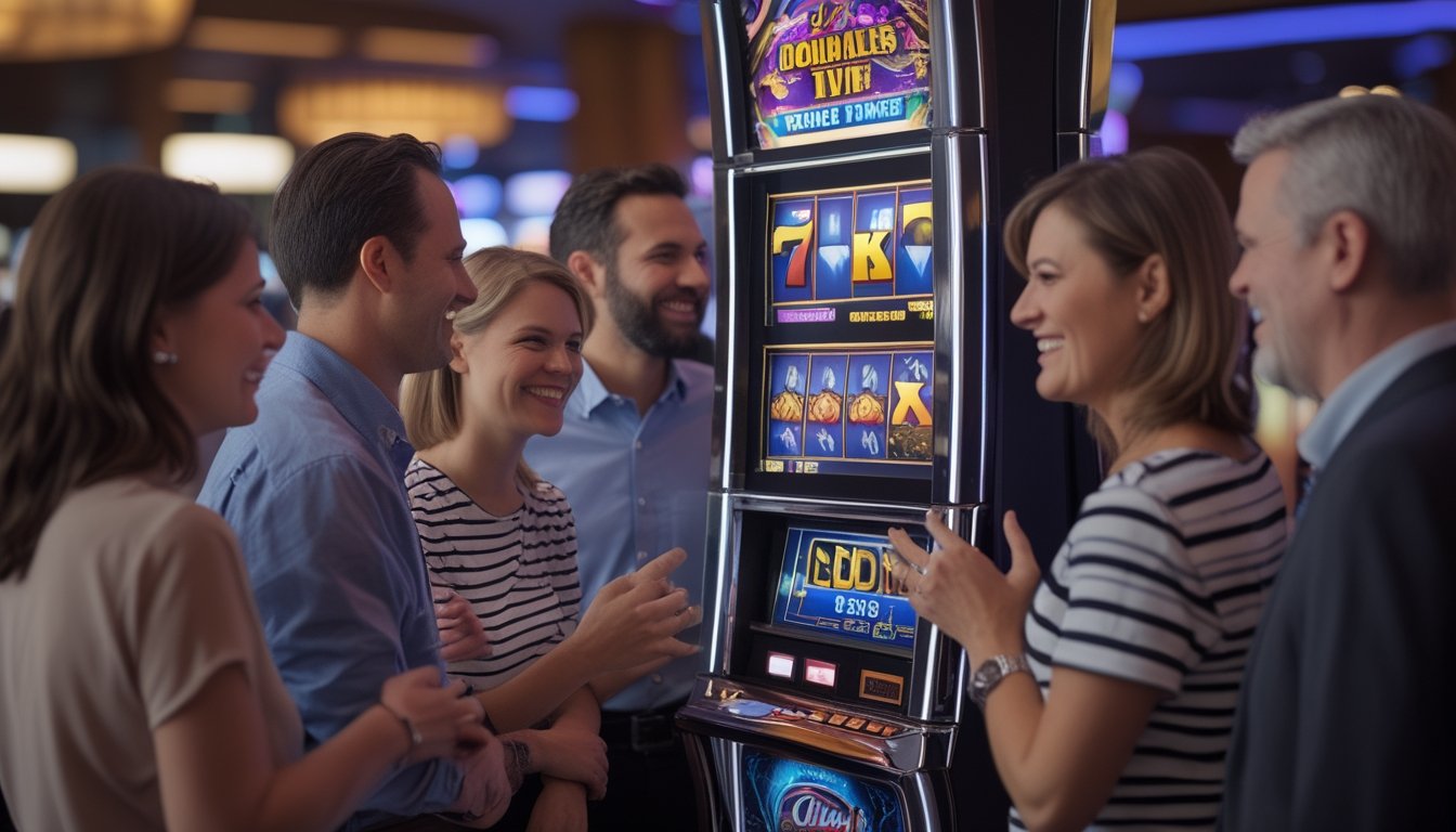 Orang-orang sedang memperhatikan mesin slot di kasino dengan ekspresi senang dan tertarik.