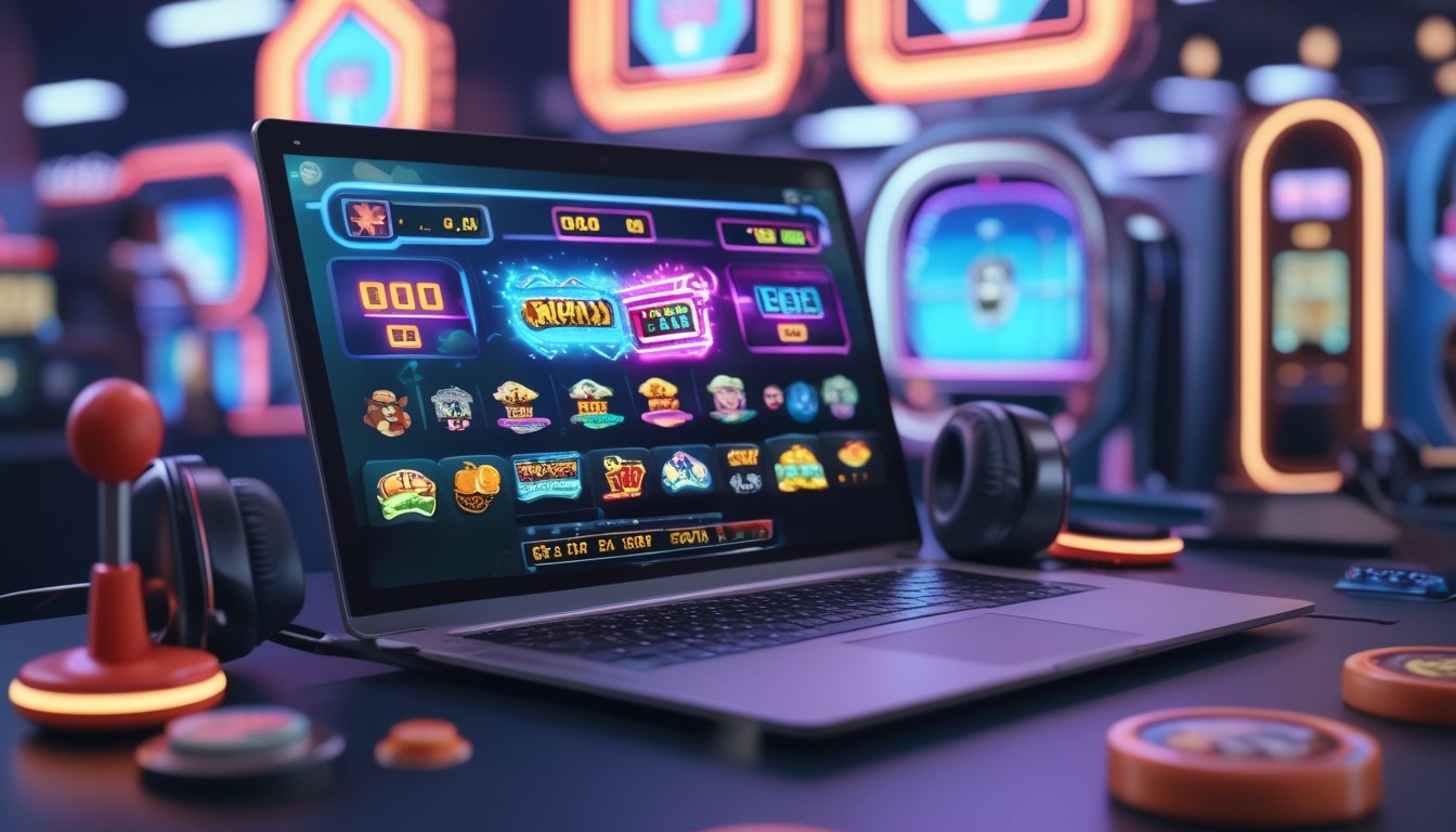 Tampilan layar komputer dengan permainan slot online bertema arcade yang penuh warna, dikelilingi aksesori permainan seperti joystick dan token arcade.