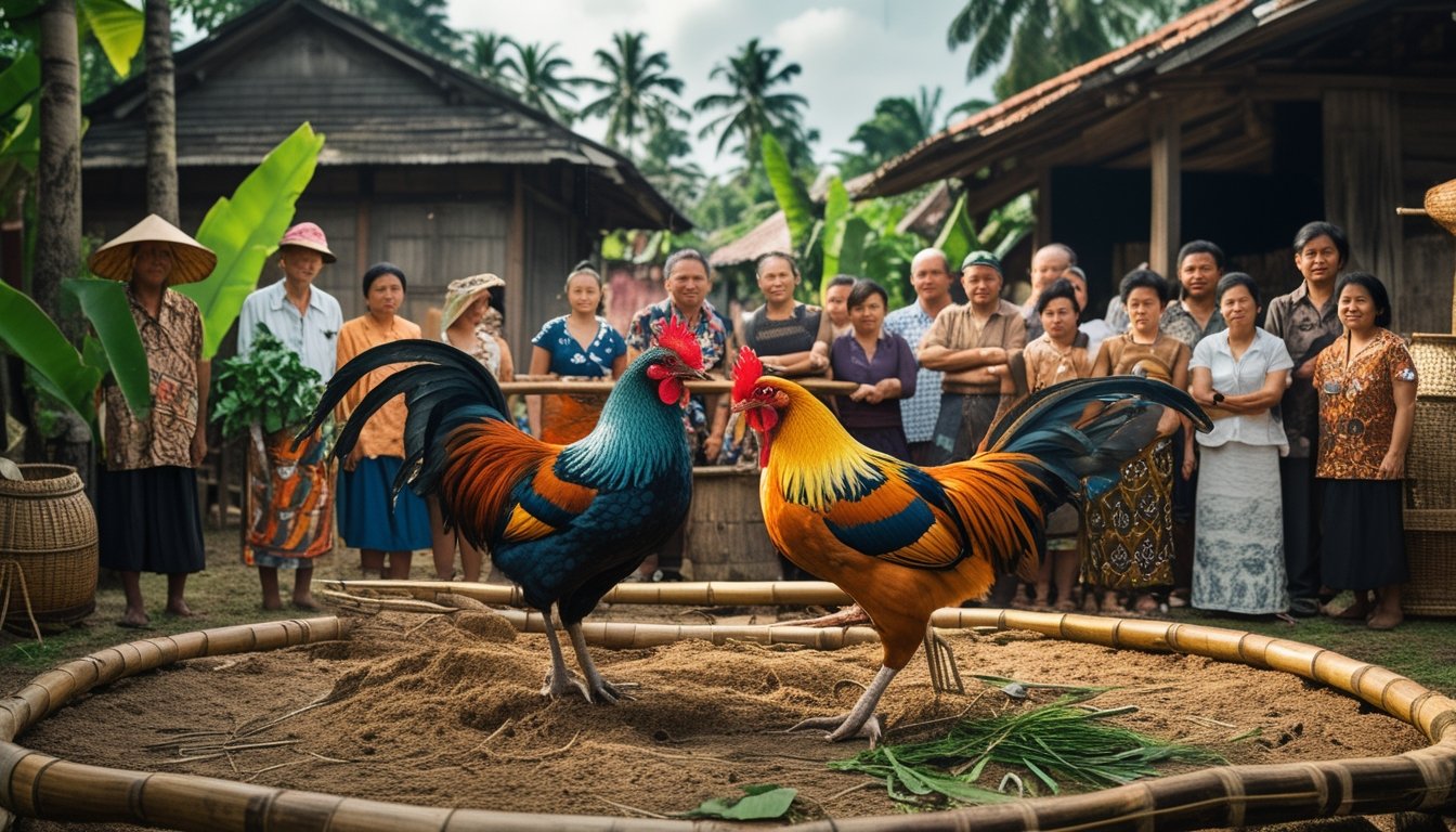 Dua ayam aduan sedang bertarung di arena bambu tradisional dengan penduduk desa mengenakan pakaian tradisional yang menonton di latar belakang di sebuah desa di Asia Tenggara.